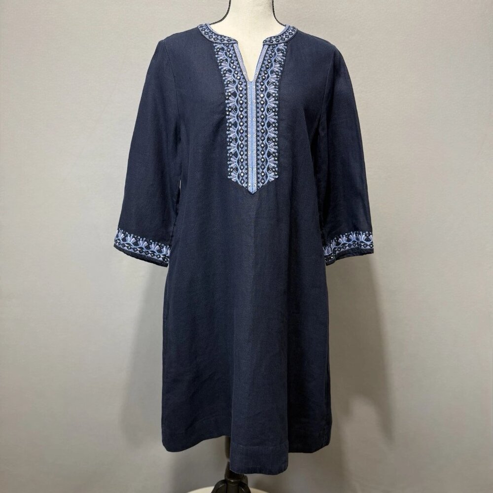 Chicos Dress Womens Sz 0 (4) Navy Blue 100% Linen Shift Sequin Bead Embroidered